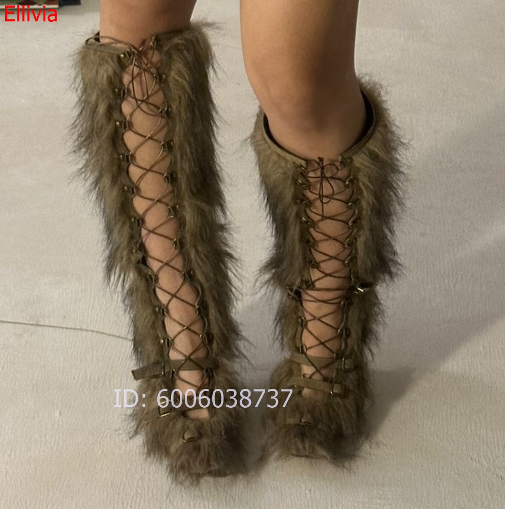 Women Furry Knee High Boots Op - Elastic Lace Trim ulasan dan harga