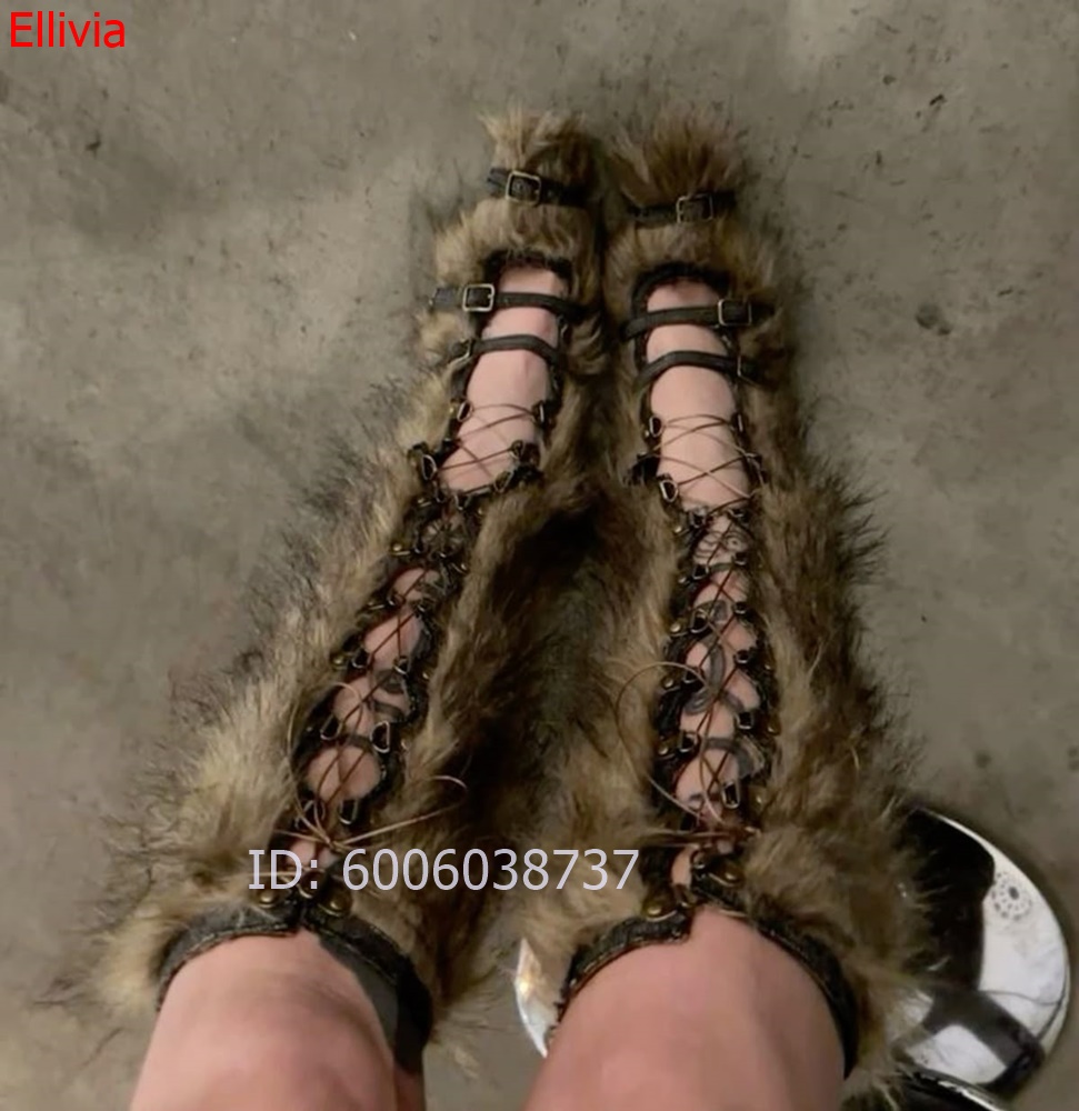 Women Furry Knee High Boots Op - Elastic Lace Trim ulasan dan harga
